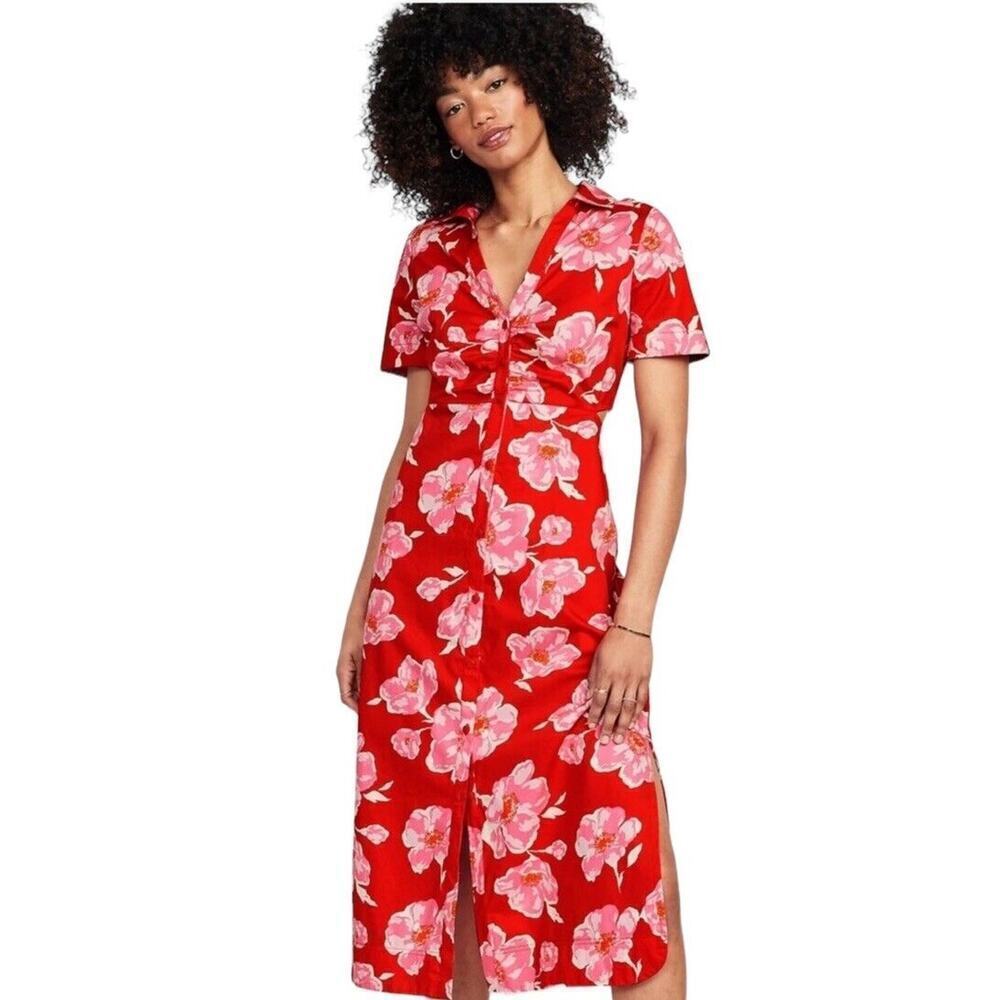 Old Navy Cutout Midi Shirt‎ Dress Women XL Red Floral Short Sleeve Button Collar - Picture 15 of 15